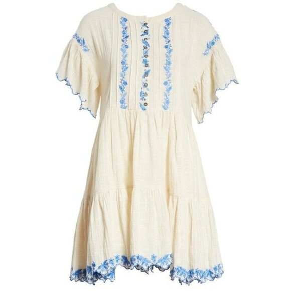 FREE PEOPLE Santiago Cream Dress with Blue Embroidery Sz Medium - Picture 2 of 13